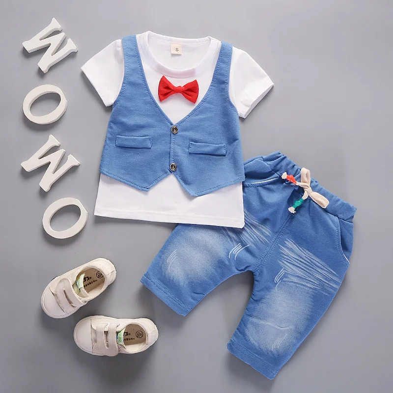 2PCS Baby Set Summer Children\'s Bowtie Gentleman Denim Vest Faux Two-piece Short Sleeve Shorts Set