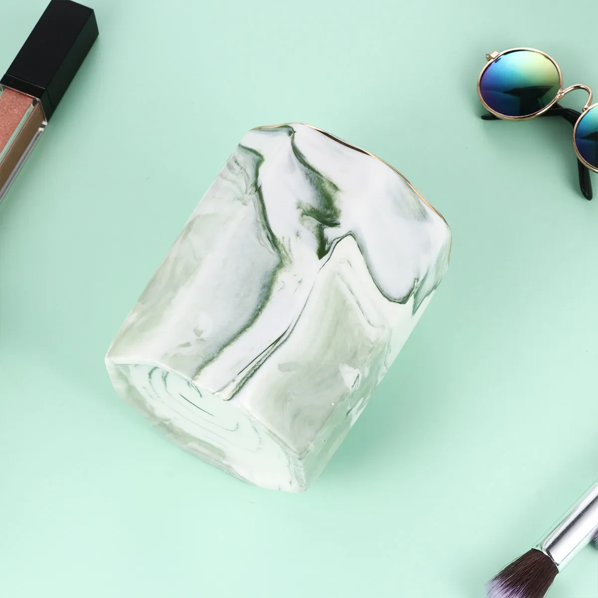

Marbling Green Pen Holder -Edged Ceramic Desktop Organizer Pencil Container Makeup Brush Holder for Office School Desk Tidy