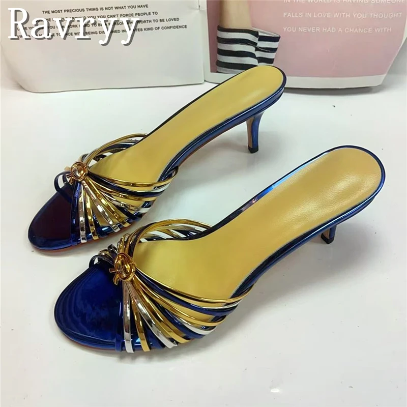 مشبك معدني ضيق النطاق المنسوجة النعال النساء مصمم جديد اللمحة تو الكعب الأوسط الصنادل الصيف موضة فستان الحفلات الأحذية #5