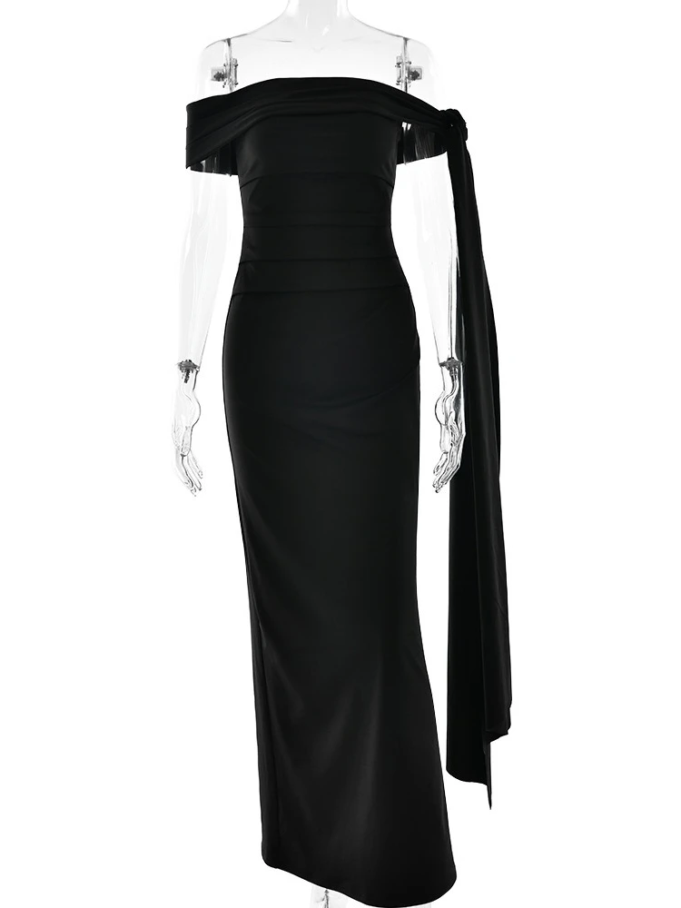 Xiaomiotang fora do ombro sem alças sexy maxi vestido feminino elegante sem mangas sem costas drapeado ruched bodycon clube festa vestidos longos