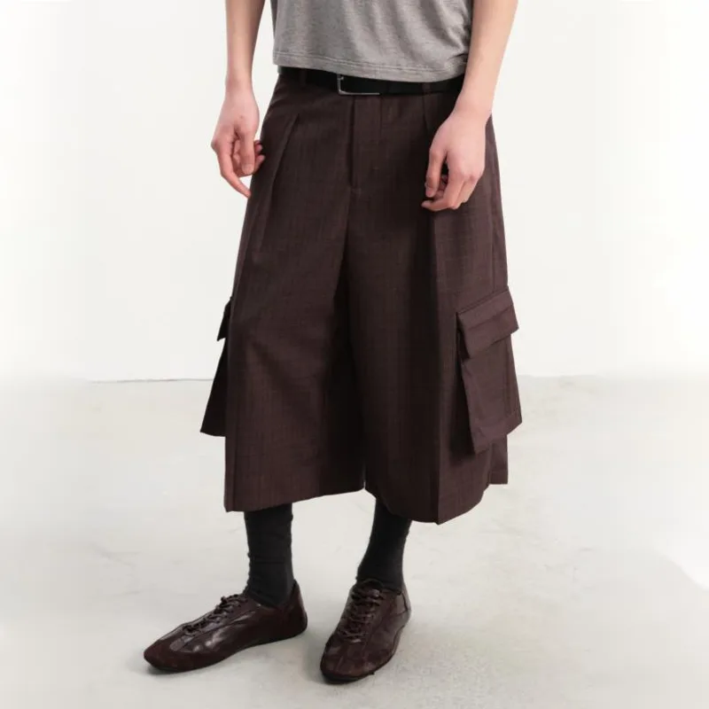 HKSH Spring Summer New Men's Tide Chic Plaid Pleated Cargo Cropped Pants Capris Double Patchwork Pockets Straight Shorts HK24360