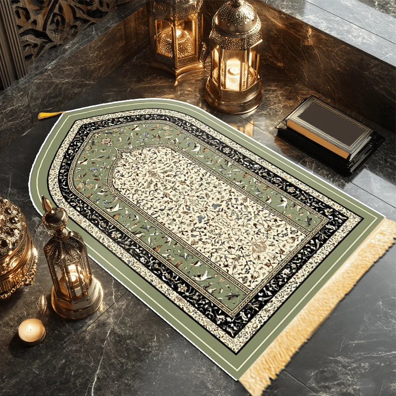 VIKAMA Light Green Luxury Fringe Prayer Mat Portable and Easy to Store Pilgrimage Activities Indoor/Outdoor Family Kneeling Mat