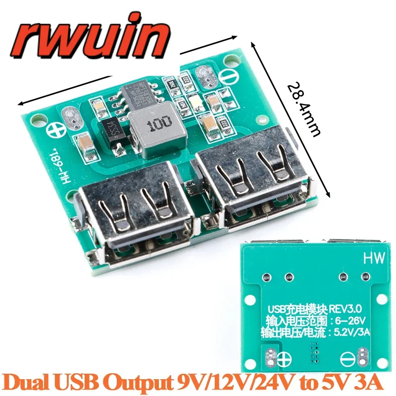 Dual USB Output 9V 12V 24V to 5V 3A DC-DC Step Down Buck Charger Power Module Voltage Board Charge Charging Regulator Board