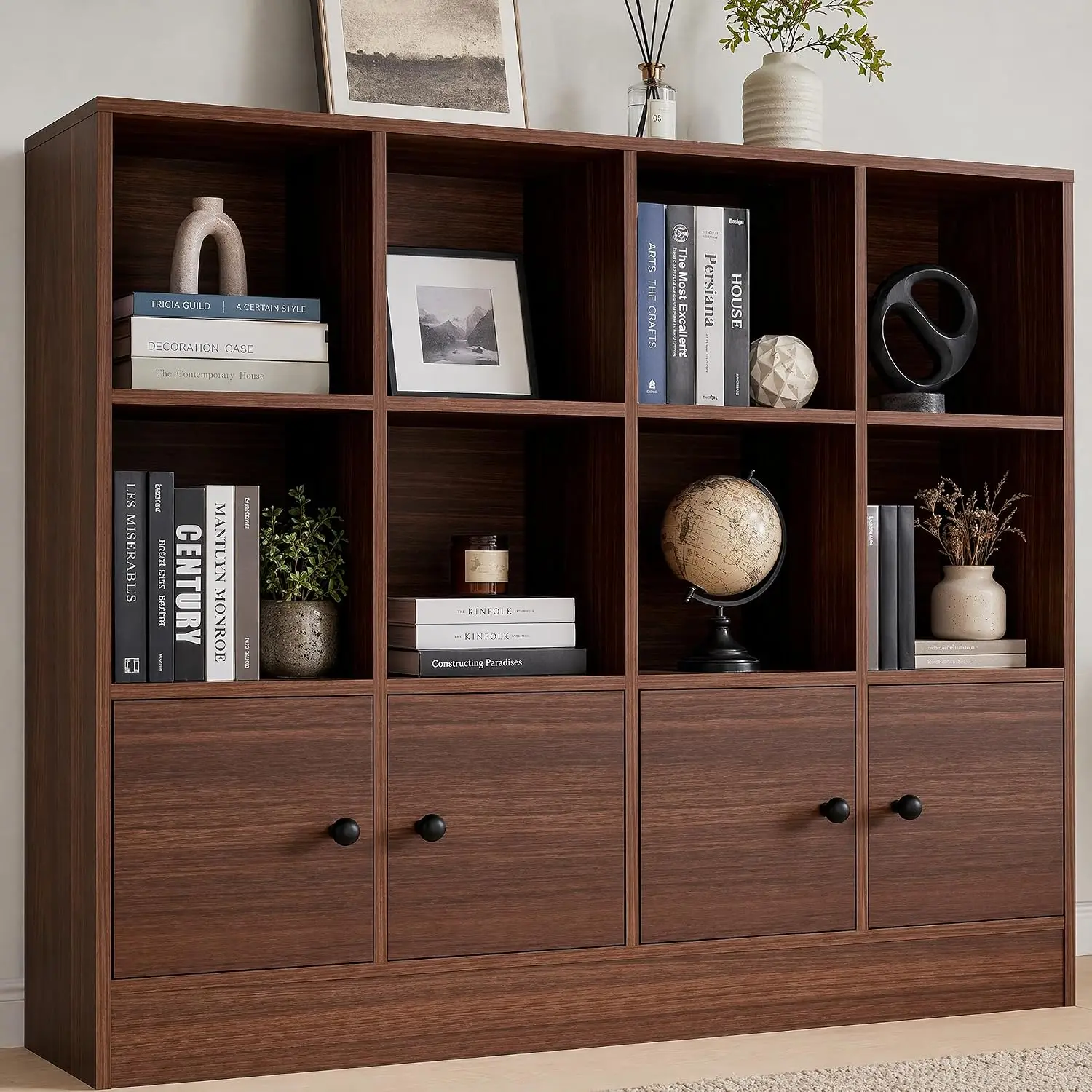 Brown Wood Bookcase 12 Cube Shelf 4 Door 3 Tier Adjustable Living Room Office Entryway, Customized