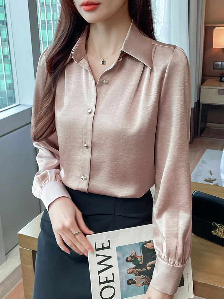 Korean Fashion Women Blouses Dressy Casual Satin Silk Long Sleeve Shirts Business Casual Tops Stylish Elegant OL Tops Shirts