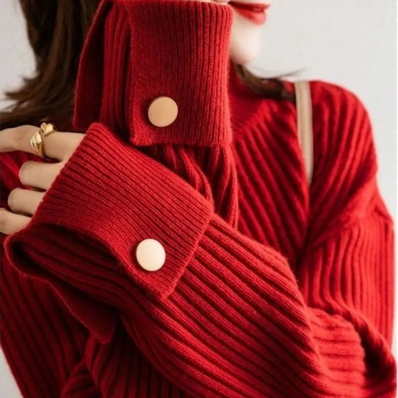 Basic Korean Half High Collar Jumpers Autumn Winter Solid Color Women\'s Clothing Loose Stylish Button Vintage Knitted Sweaters