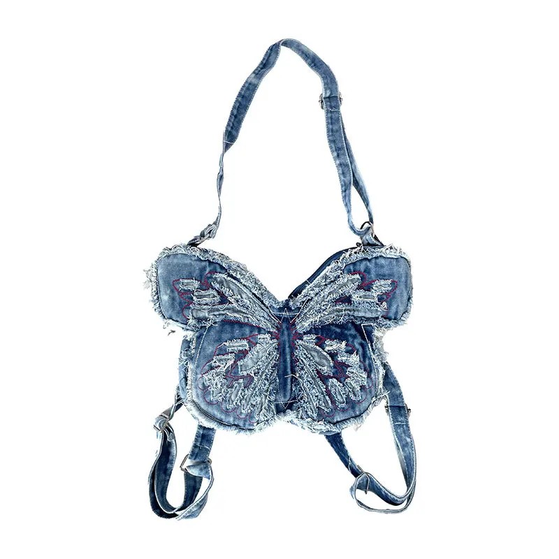 

Cool Vintage Casual Jeans Shoulder Bag Backpack Back Pack Bag Women Hand Bags Romantic Purple Butterfly Denim Handbag