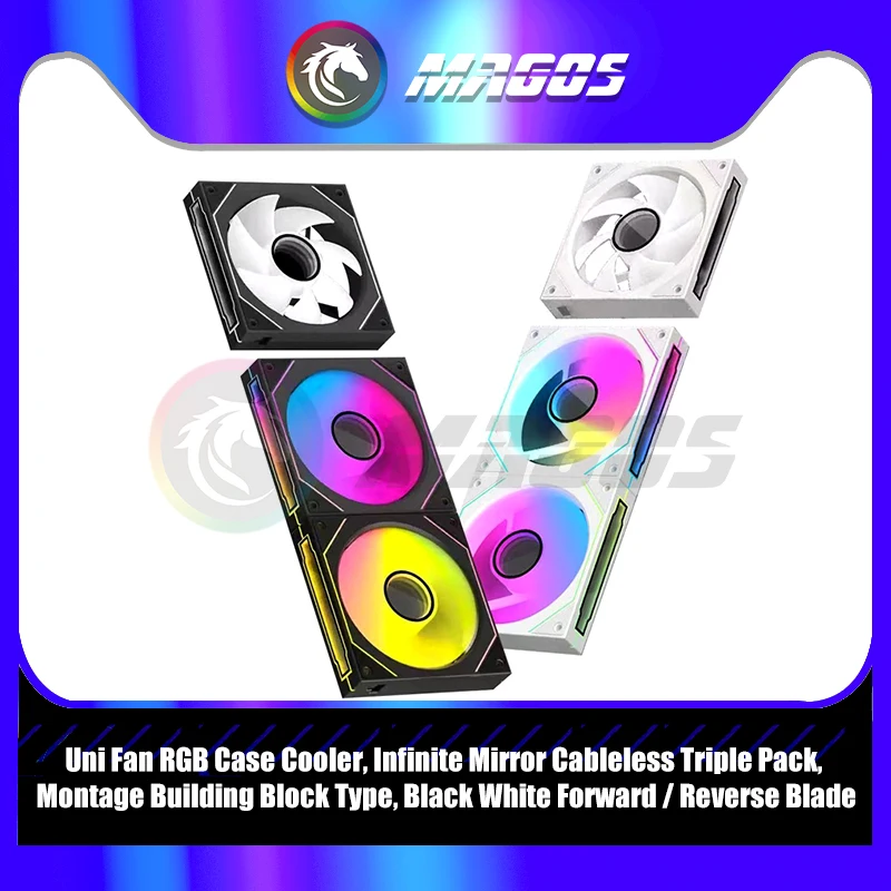 Uni Fan RGB Case Cooler,Infinite Mirror Cableless Triple Pack ,Black/White,Montage Building Block Type,  Forward / Reverse Blad