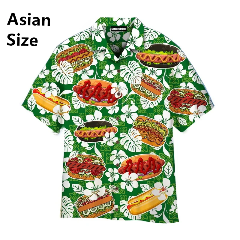 New Summer Man Shirts High Quality Clothing Tasty Food Hot Dog Burger Print Hawaiian Shirt Men Plus Size Elegant Blouses Tops