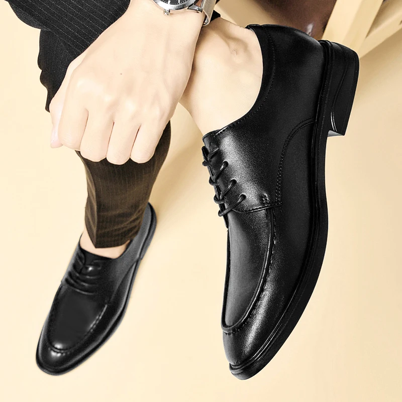 

Fashion Brand Pointed Breathable Business Leather Shoes, Classic Men's White Comfortable Lace Up Casual Soft Soled Leather Shoes