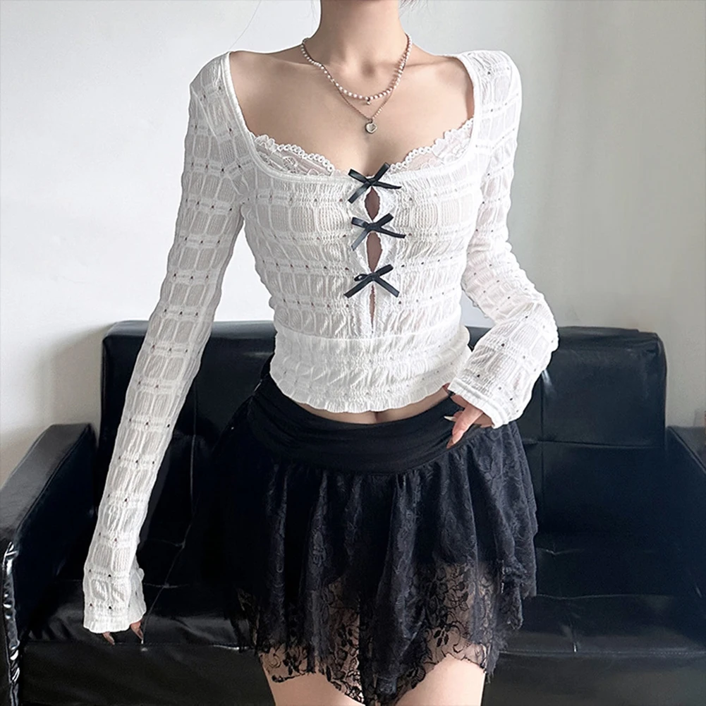 Bow Detail Shirt Hollow Lace T-Shirt Autumn Style Solid Pattern Design Spring Fashion Autumn Layering Casual Wear