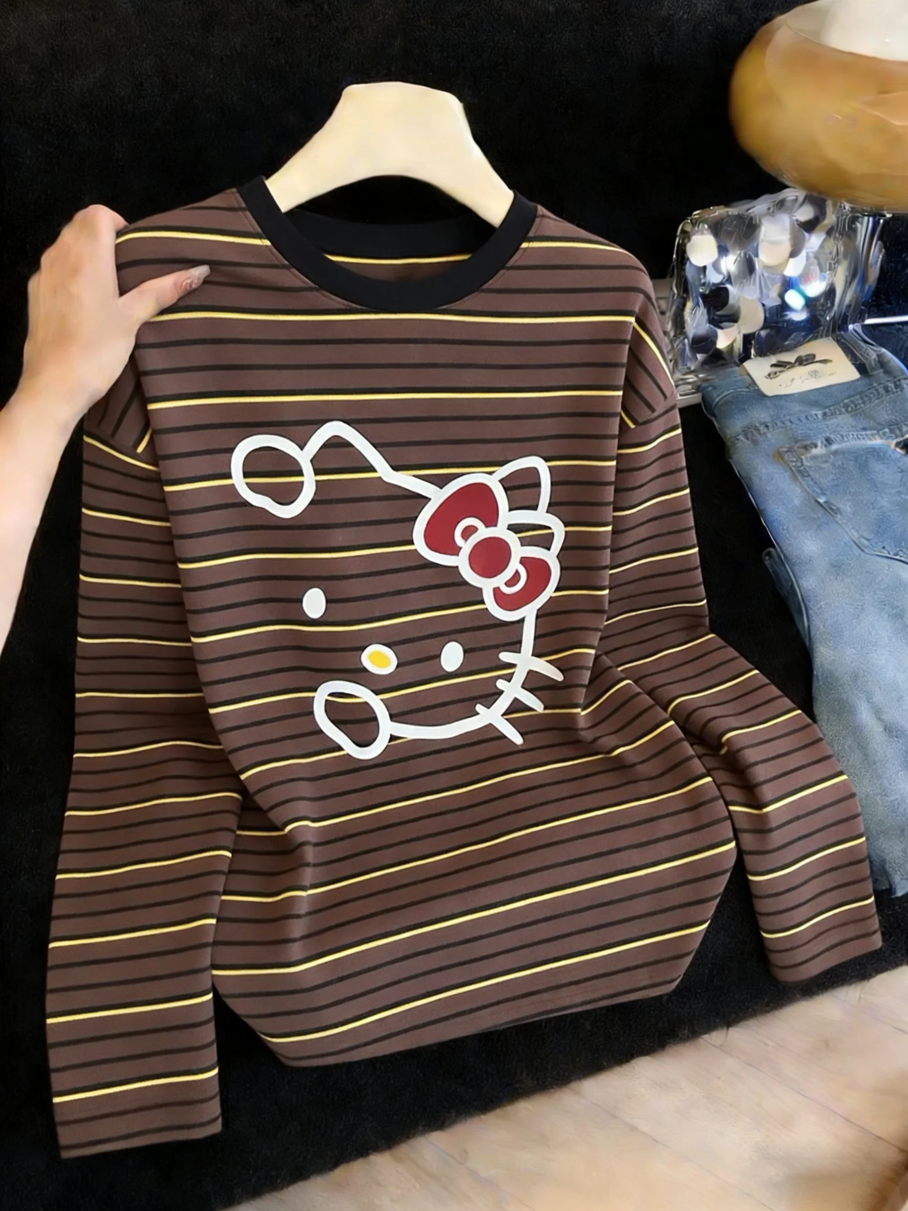 

Ретро-стильный комплект: женская футболка с длинным рукавом в полоску, весна-осень, свободный крой, облегающий силуэт, круглый вырез, из полиэфирного волокна, повседневная, размер S