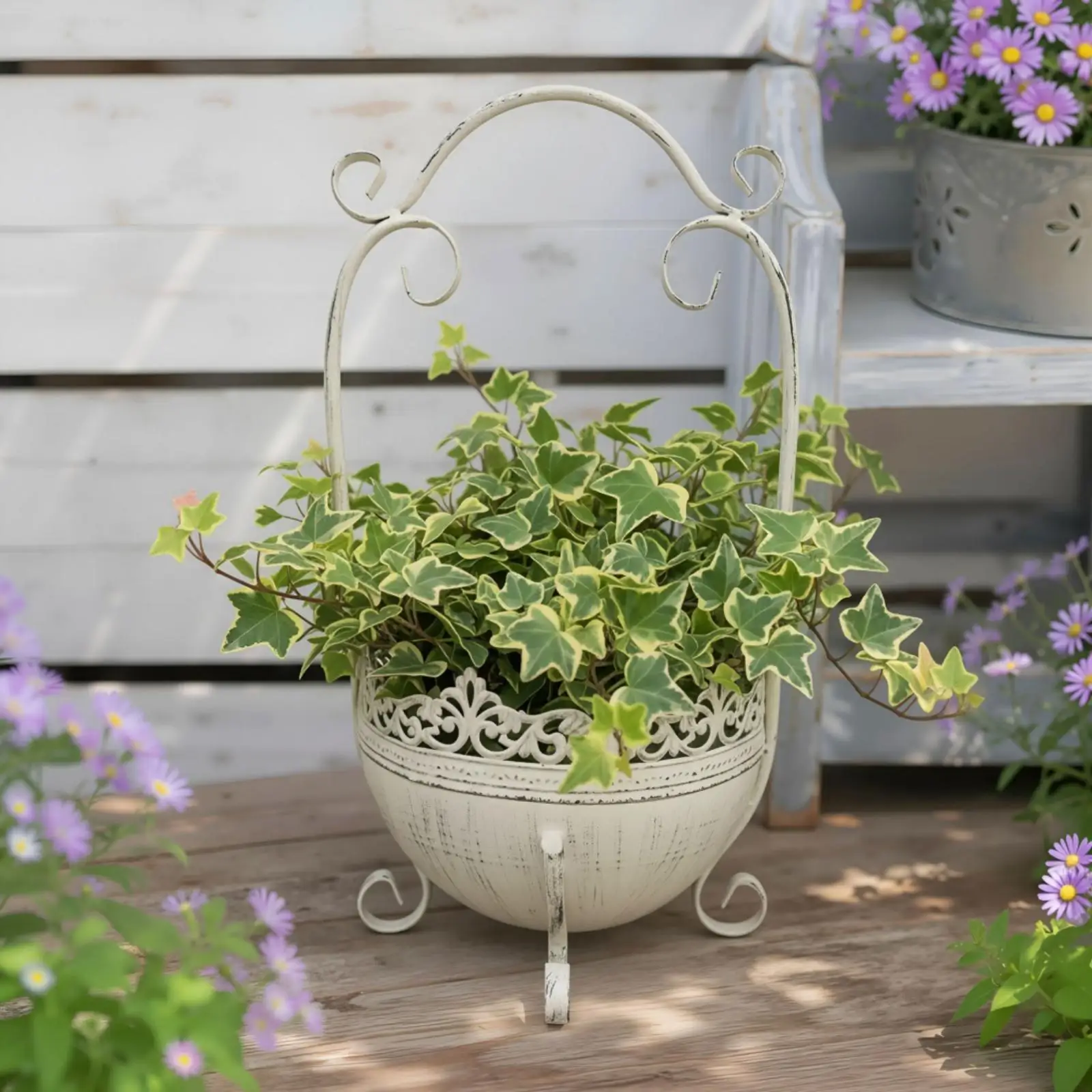 Iron Planter with Handle Decorative Planter with Handle Vintage for Home Stylists, Gardeners, Balcony, Garden Table, Windowsill