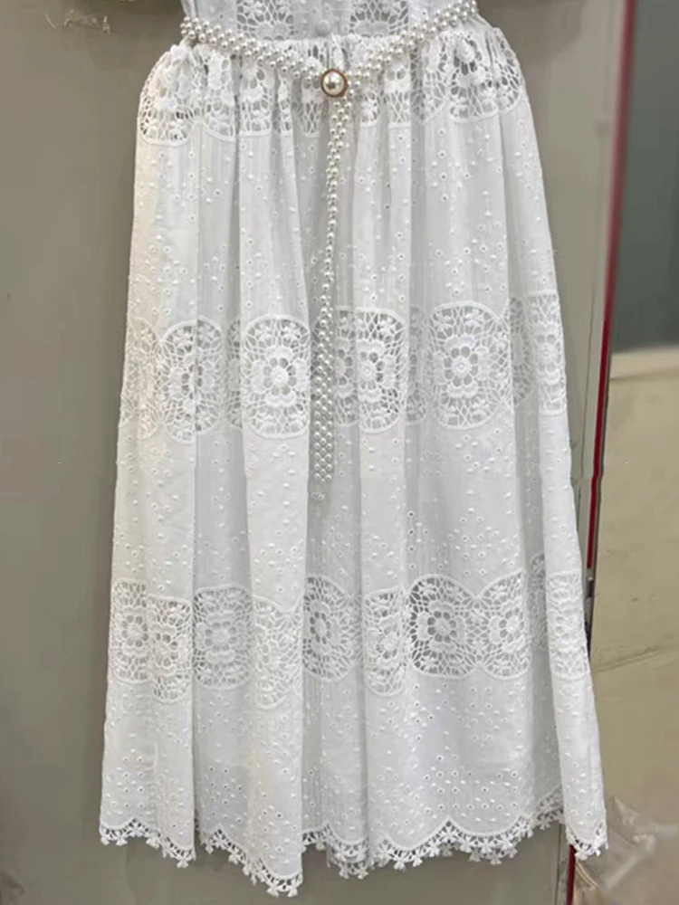 Abito a vita alta monopetto scavato con ricamo vintage da donna estivo 2025 Gonna pouf allentata moda + cintura di perle