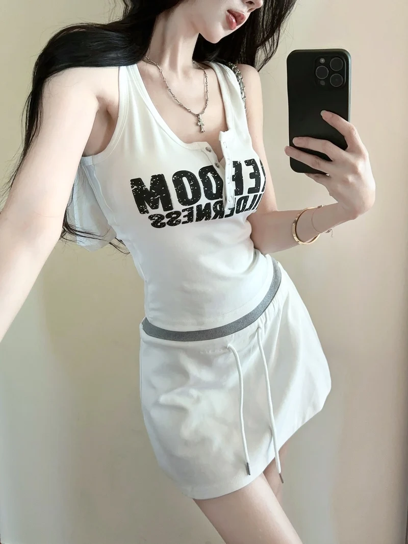 

Gothiscyn Spicy Girl Casual Set Women's Summer Hooded Vest Elastic Waist A-line Short Skirt Two-piece Set Fashion Female Clothes