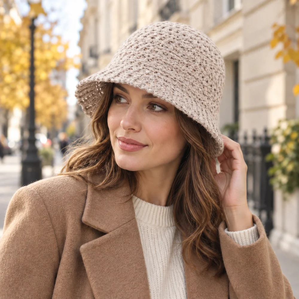 Women Knit Cloche Hat Openwork Short Brim Bucket Cap Soft Lightweight Casual Autumn Winter Outdoor Accessory
