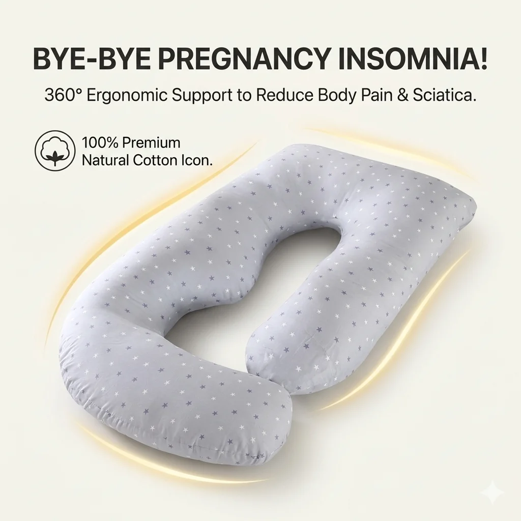 Pregnancy Pillow for Side Sleeping, 100% Cotton U-Shaped Body Pillow for Maternity Back Belly Support, Removable Washable Cover