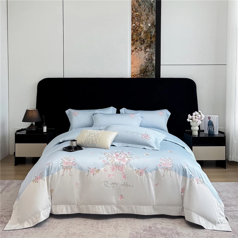 Luxury 600TC Egyptian Cotton Rose Flowers Embroidery Bedding Set Duvet Cover Bed Sheet/Fitted Sheet Pillowcases Home Textiles