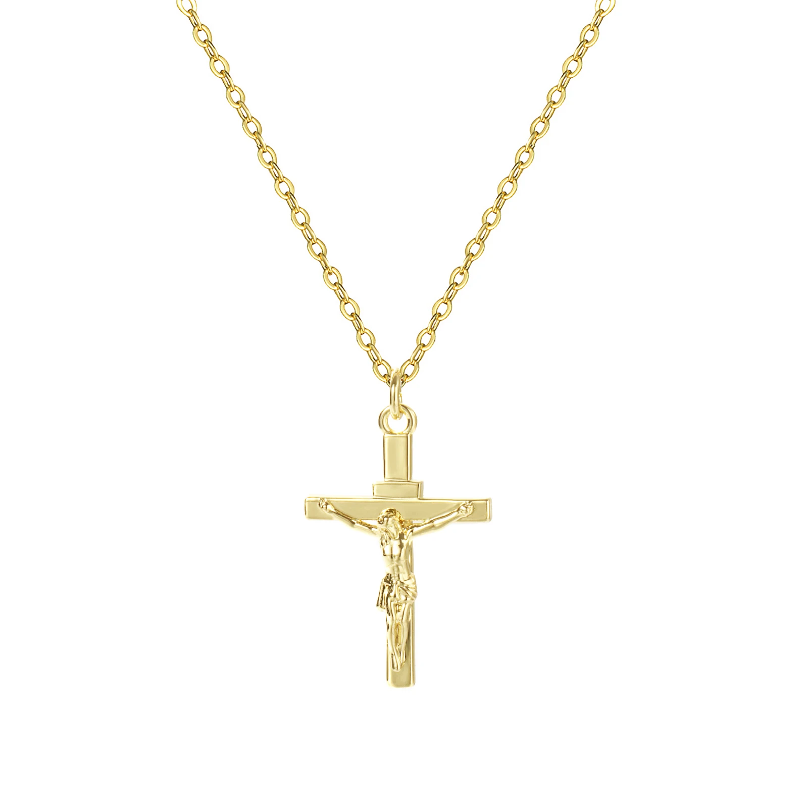 1 Piece Exquisite Religious 18K Real Gold Plated Brass Link Cable Chain Cross Jesus Crucifix Pendant Charm Necklace Unisex Gift