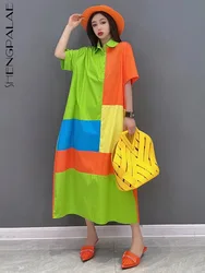 SHENGPALAE Fashion Casual Contrast Shirt Dress For Women 2024 Summer Korean Loose Elegant Trendy Female Robe Y2k Clothes 5C1187