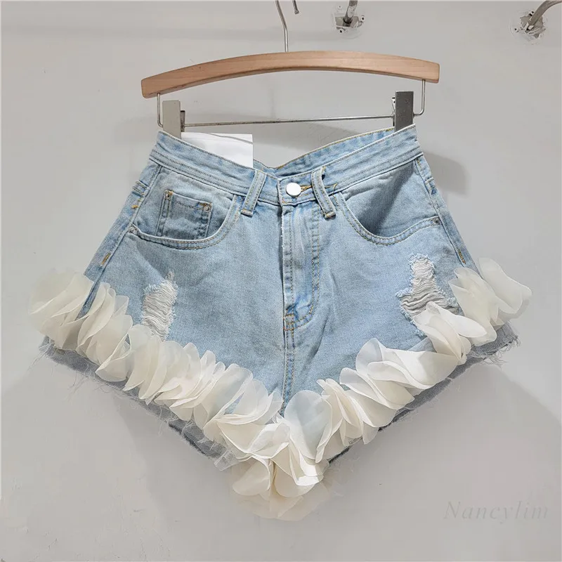 

Design Sense Ripped Denim Shorts Women's 2024 New Summer High Waist Slimming Wide Leg Stitching Petals A- Line Hot Pants Shorts