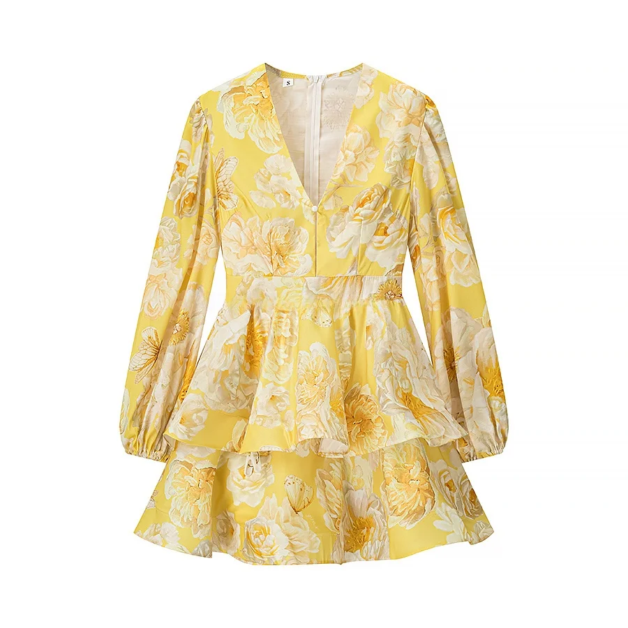 Vestido E de Manga Bufante em Linho com Estampa e Decote em V para Mulheres, Novo para o Outono