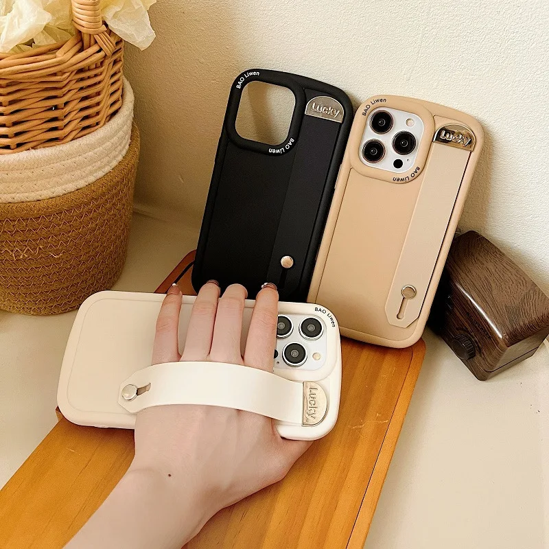 For iPhone 15 14 13 12 11 Pro Max  Wrist Strap Stand Kickstand Silicone Soft Protective Wristband Push-Pull Bracket Phone Case