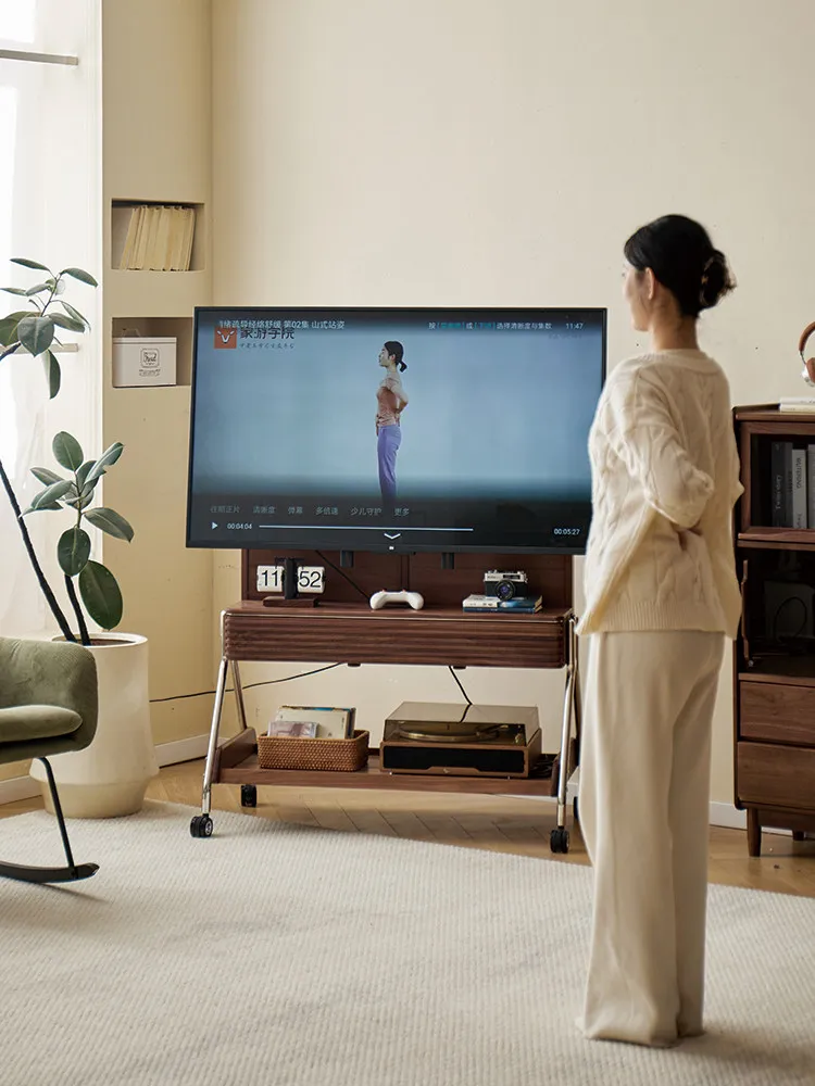 North American black walnut removable TV stand 85 inch household with wheels medieval solid wood TV cabinet
