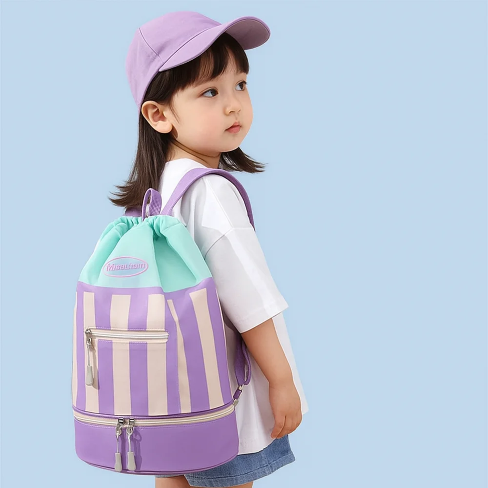 Dry/Wet Separation Children's Swimming Backpack Lightweight Waterproof Beach Bag Striped Large Capacity Toiletry Storage Bag