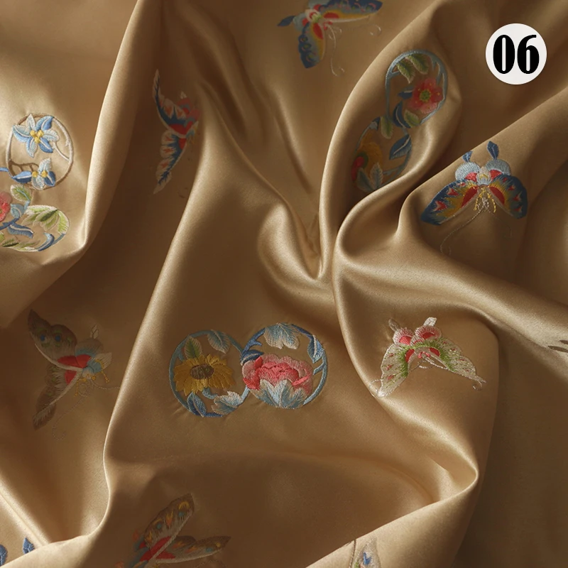 High Quality Thick Satin Silk Fabric Chinese Style Colorful Butterfly Embroidery Group Brocade Fabric For Cheongsam Hanfu Dress