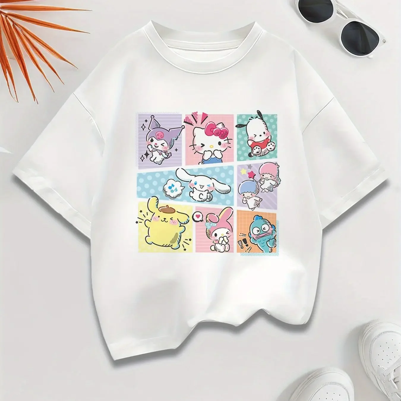 

Детская летняя футболка Sanrio Hello Kitty для девочек, семейная одежда для родителей и детей, милая повседневная свободная удобная женская футболка с короткими рукавами с героями мультфильмов