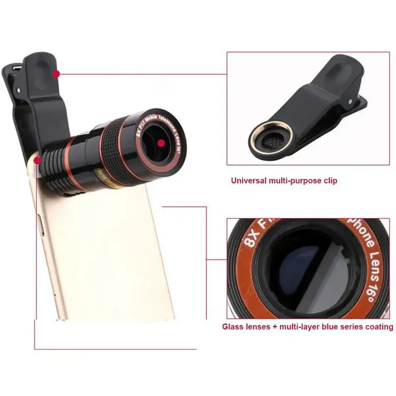 Mini Telephoto Phone Lens 8X/12X/3 in 1 Optical Zoom Fits Most Types of Phones for Travel, Photography, Camping, Outdoor Tools