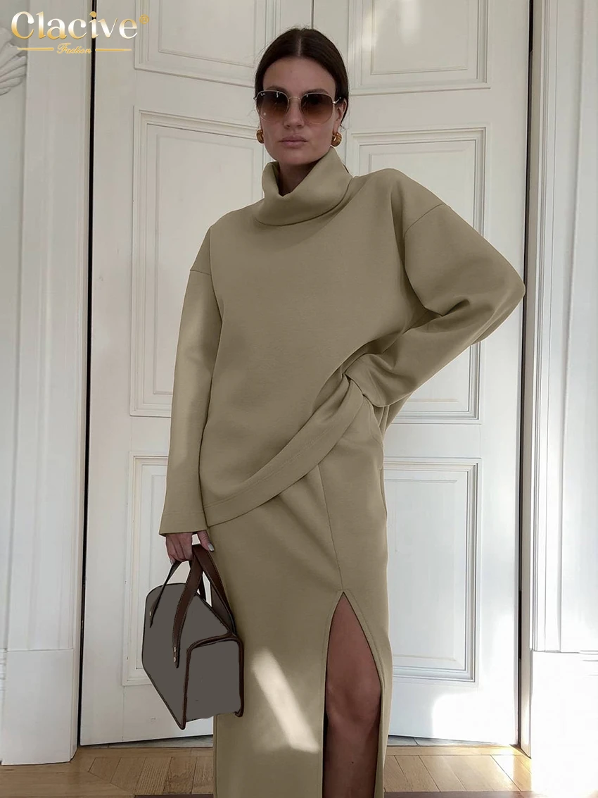 Clacive Fashion Loose Khaki 2 Piece Sets Women Outfit 2025 Elegant Long Sleeve Shirt With High Waist Slit Ankle Length Skirt Set