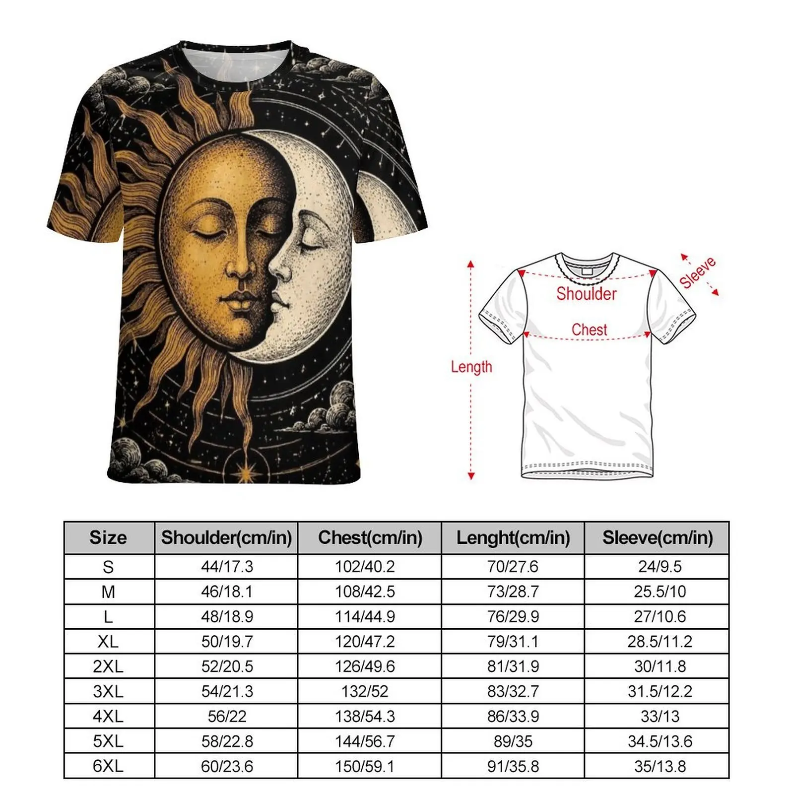 Vintage Engraving Sun Moon Kiss Print T Shirt Funny T-Shirts O Neck Harajuku Tee Shirt Summer Male Design Tees Plus Size 5XL 6XL