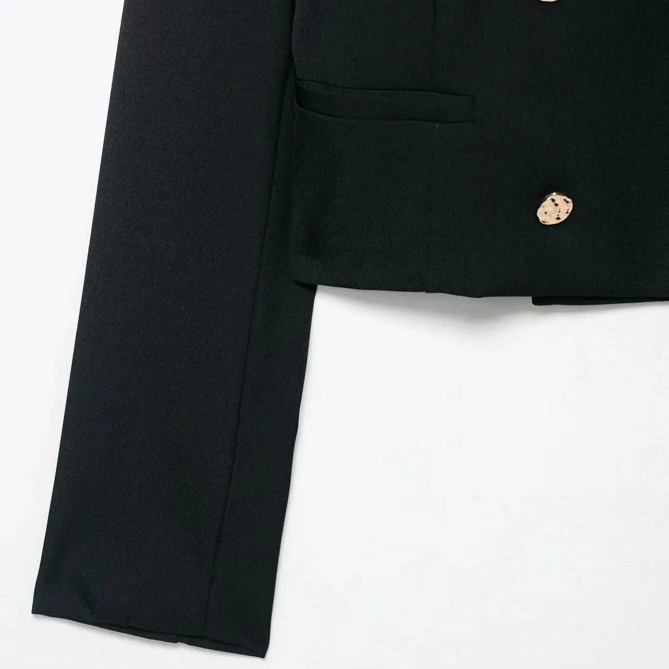 سترة نسائية سادة بأكمام طويلة ورقبة دائرية مزدوجة الصدر وأزرار معدنية سترة قصيرة ضيقة للمكتب