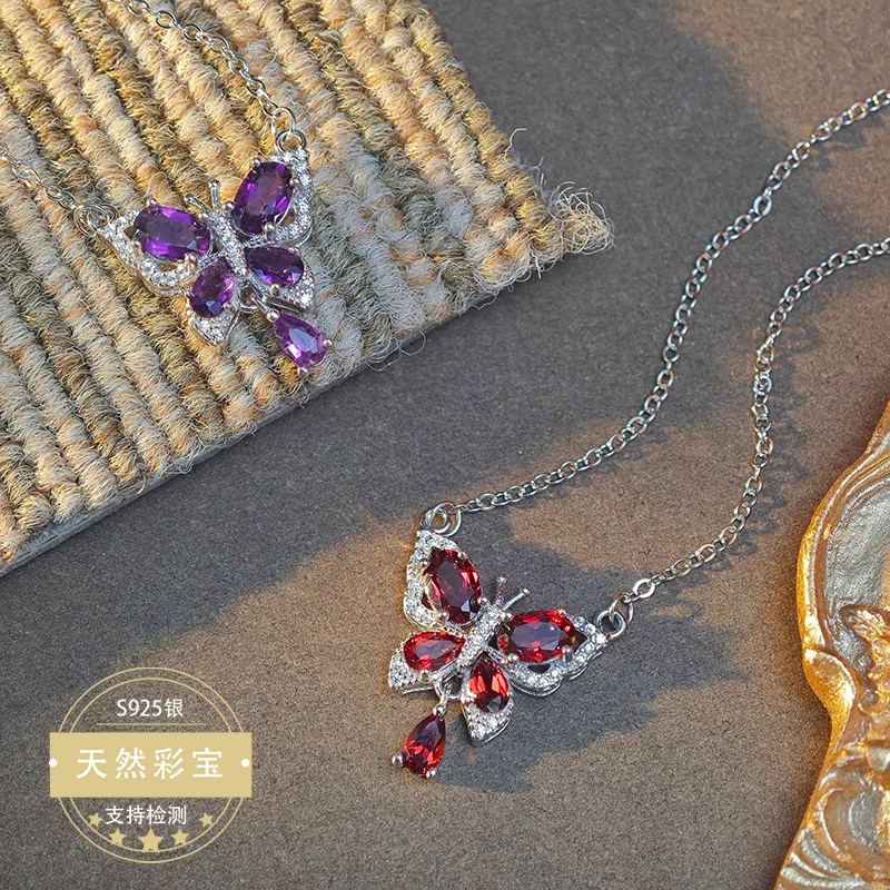 

Sterling Silver 925 Pendant Butterfly Garnet Amethyst Original Gemstone Natural Fine Wedding Birthday Anniversary Girl Jewelry