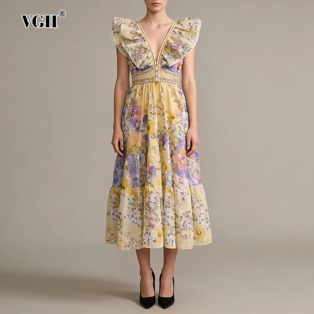 

VGH Роскошное вечернее платье со складками и драпировкой для женщин, туника с v-образным вырезом и летящими рукавами, винтажные женские платья миди с цветочным принтом