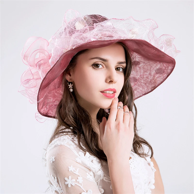 

High Quality Summer Organza Wide Brim Fascinators Hat For Women Elegant Wedding Dresses Hats Kentucky Tea Party Church Sun Cap