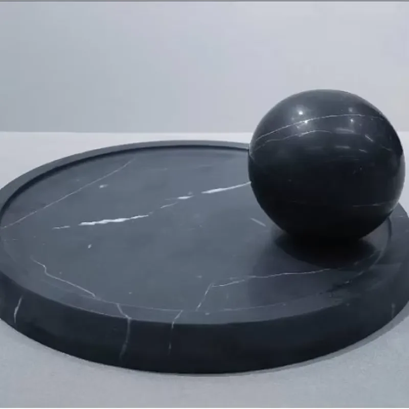 Luxury Black Marble Round Tray with Spherical Ornament Set for Hotel Home Tabletop Decor Elegant Stone Display Stand Modern