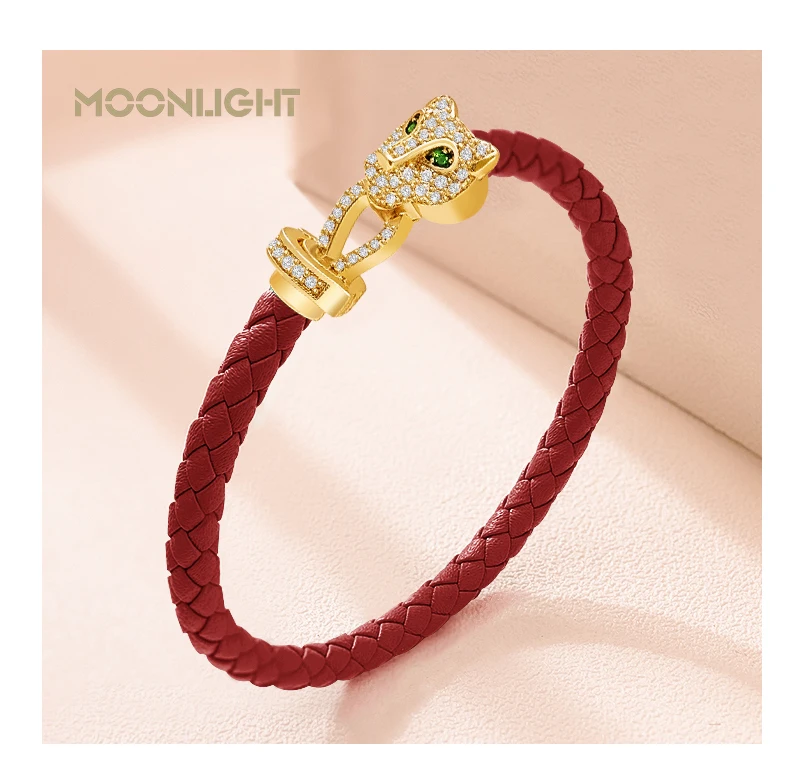 MOONLIGHT Classic Design Exquisite Cheetah Zircon Bracelet for Women Braided Leather Bracelet Quality Banquet Couples Gift