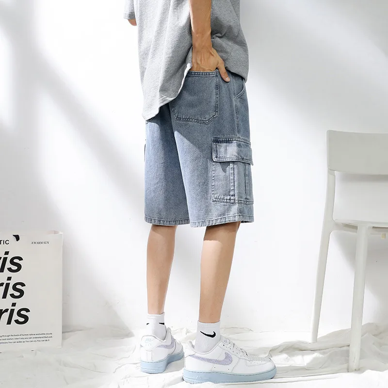 

Роскошные модные однотонные джинсовые шорты, мужские летние повседневные джинсовые шорты длиной до колена с несколькими карманами, свободные ковбойские короткие брюки