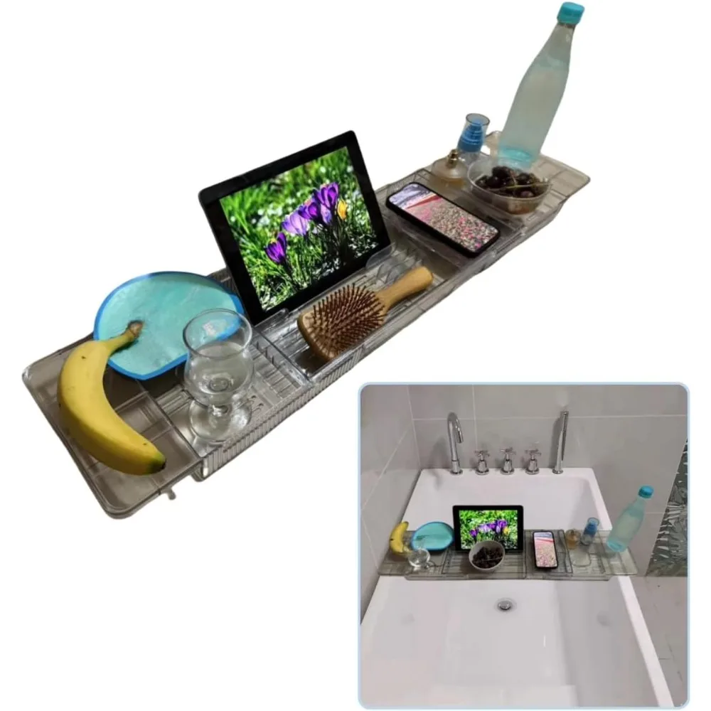 

Регулируемый поддон для ванны большой емкости для ванны, прозрачный расширяемый поднос для ванной комнаты, подходит для большинства ванн, нескользящий тум для ванны