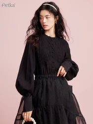 ARTKA 2023 Spring New Women Blouse French Elegant Ruffled O-Neck Loose Shirts Lantern Sleeve Black Shirt Female SA92032C