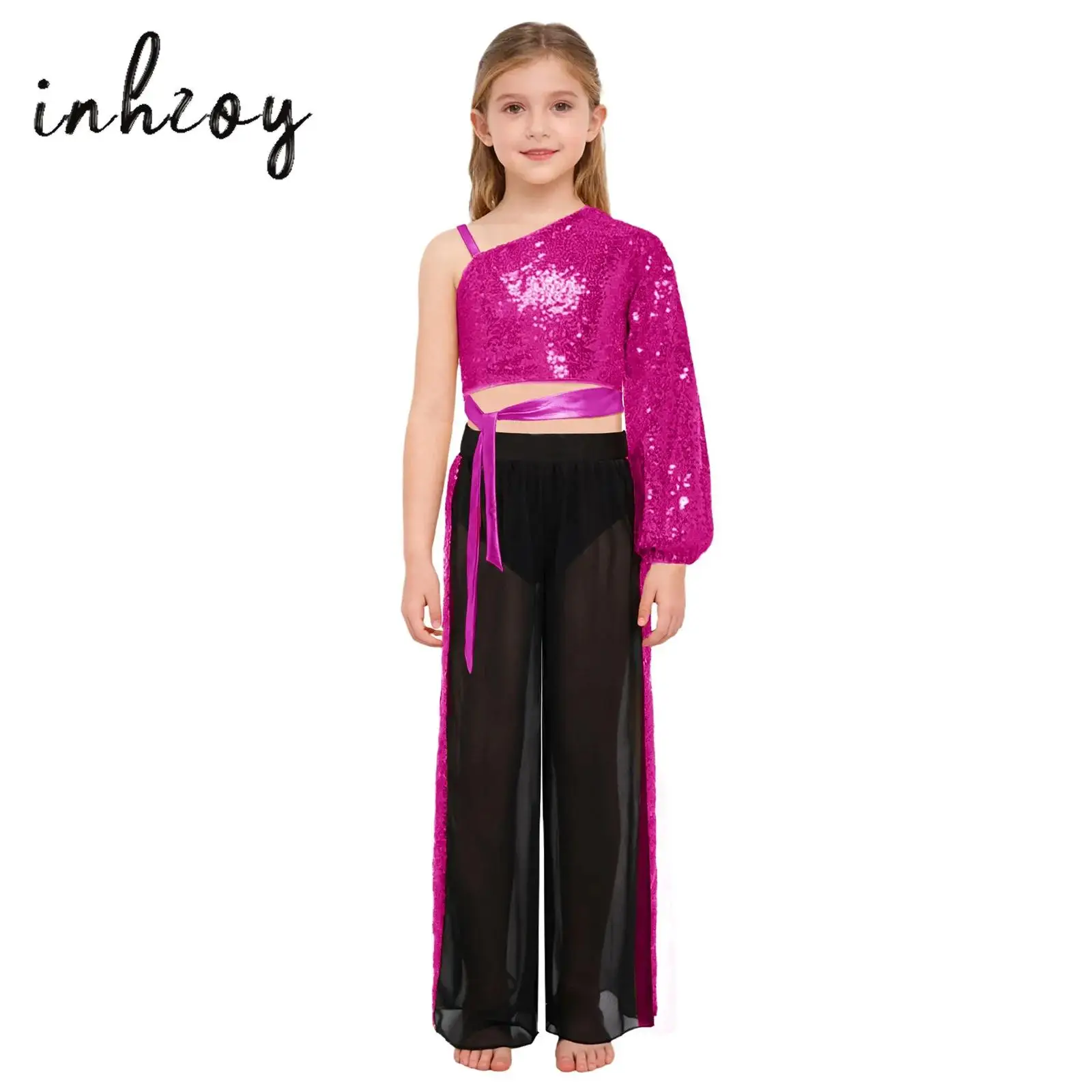roupa-infantil-de-danca-lirica-jazz-um-ombro-manga-comprida-ziper-gravata-automatica-lantejoulas-brilhantes-top-curto-com-calcas-largas-de-chiffon