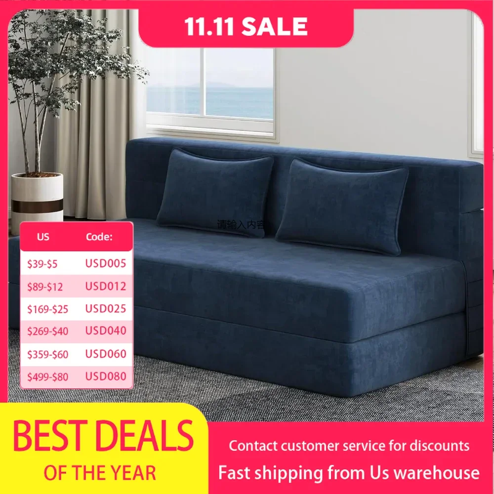 Fold-out sofa bed with 2 pillows with breathable and washable cover, convertible and easy to store，59.84 L x 76 W x 5.98 H inch