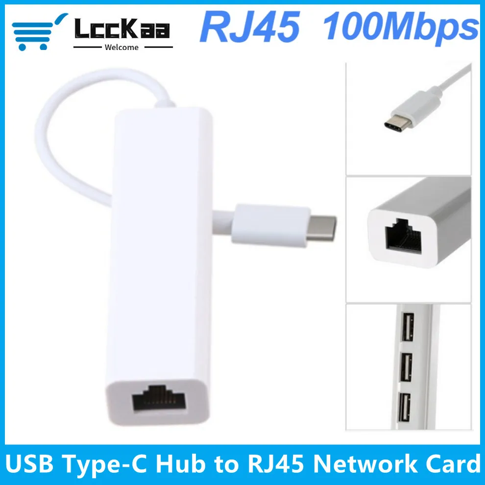 100Mbps USB Type-C Hub to RJ45 Ethernet Network Card 4 in 1 Hub USB C RJ45 Adapter For MacBook Pro Notebook Type-C Dock Station