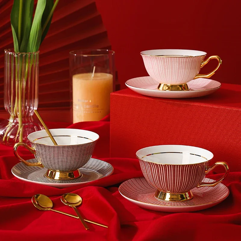 

European Bone China Coffee Cup & Saucer Set, Elegant Tea Time Pair Cups, Dishwasher Safe Home Gift Box for Afternoon Tea Decor