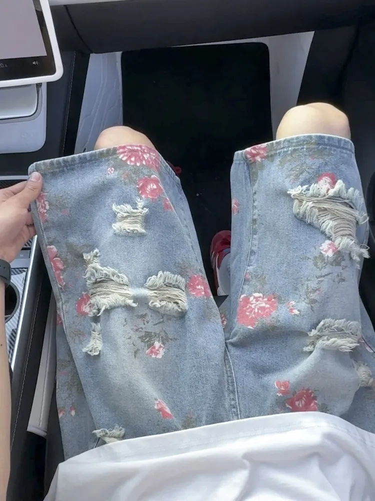 

Retro American Rose Floral Men's Shorts Jeans Loose Straight Leg Torn Casual Wear for Teenagers mid Waist Zipper Fly