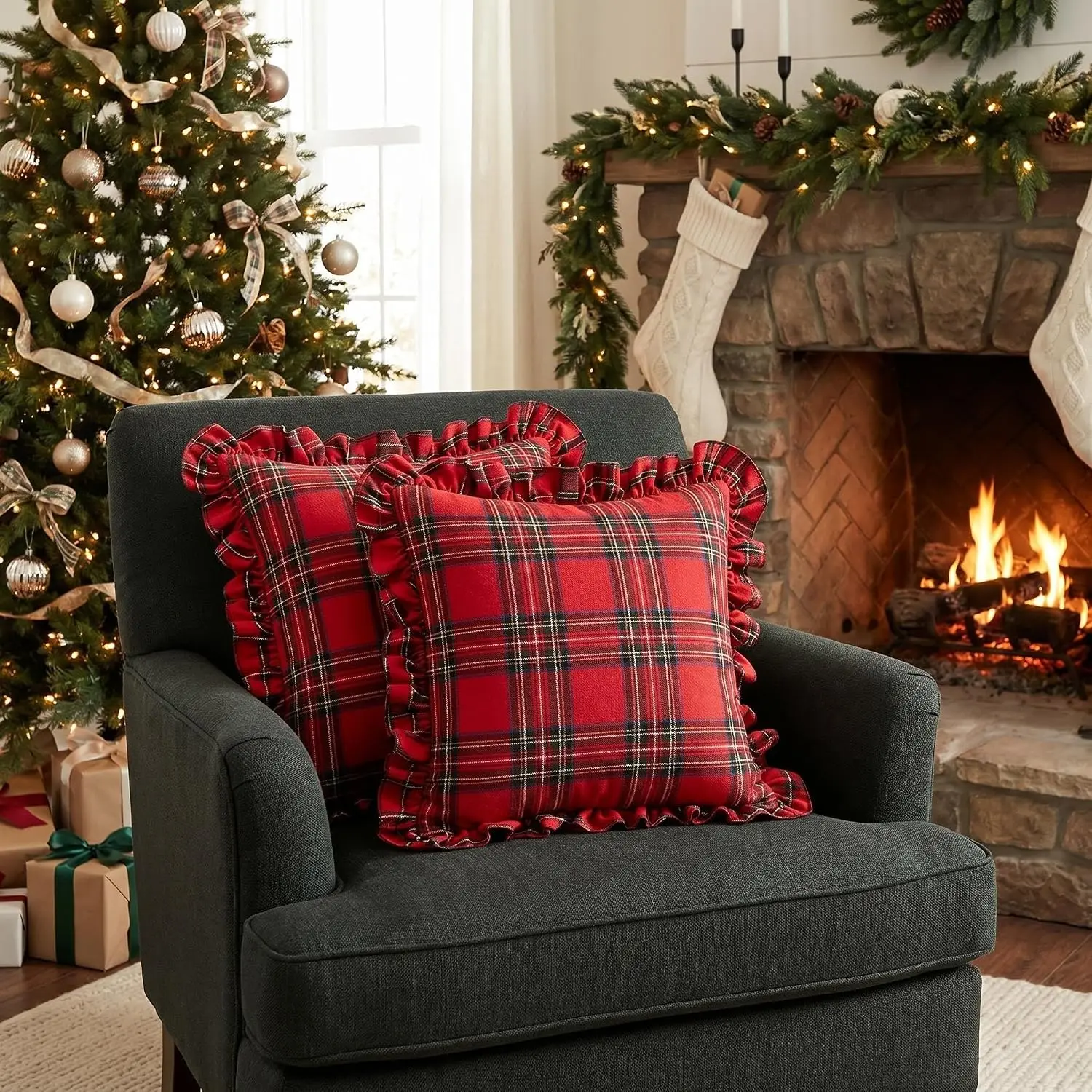 Christmas Plaid Ruffle Throw Pillow Cover Scottish Tartan Cushion Case with Envelope Closure for Farmhouse Home Holiday Decor