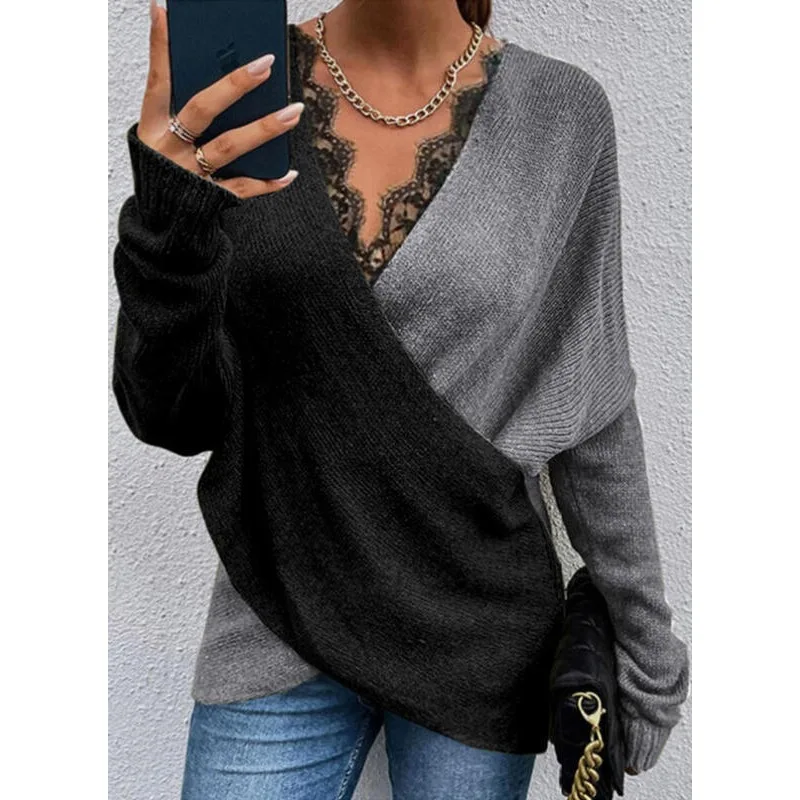 Jumpers Patchwork Long Sleeve Autumn Y2K Knitted Sweater Color-Block V Neck Loose Pullover Women Lace Pullover Sweater